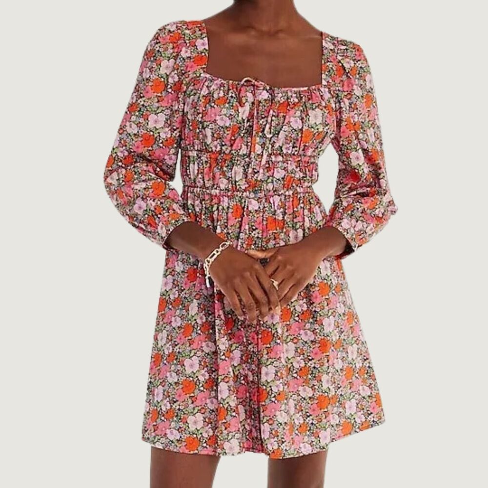 J Crew Dress Orange Liberty Meadow Song Mini Floral Puffed Babydoll Boho Size 12